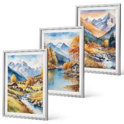 Lot de 3 tableaux pour salon Maisons de montagne automnales au bord de la rivière