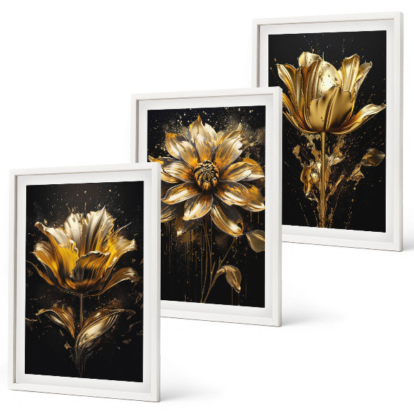 Lot de 3 tableaux pour salon Fleurs jaunes sur fond sombre