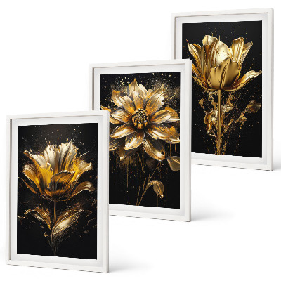 Lot de 3 tableaux pour salon Fleurs jaunes sur fond sombre
