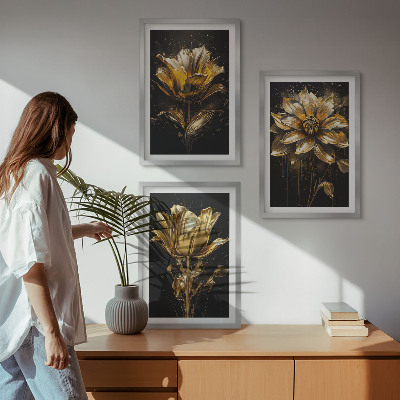 Lot de 3 tableaux pour salon Fleurs jaunes sur fond sombre