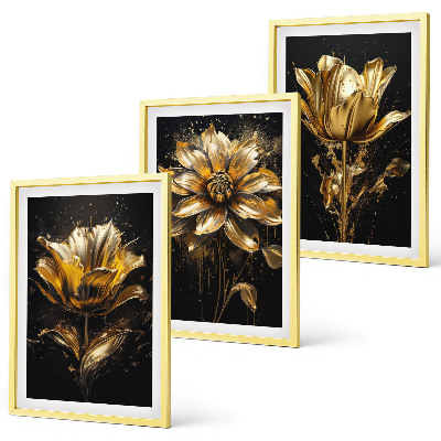 Lot de 3 tableaux pour salon Fleurs jaunes sur fond sombre