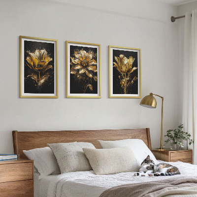 Lot de 3 tableaux pour salon Fleurs jaunes sur fond sombre