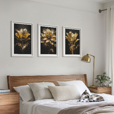 Lot de 3 tableaux pour salon Fleurs jaunes sur fond sombre