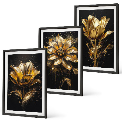 Lot de 3 tableaux pour salon Fleurs jaunes sur fond sombre