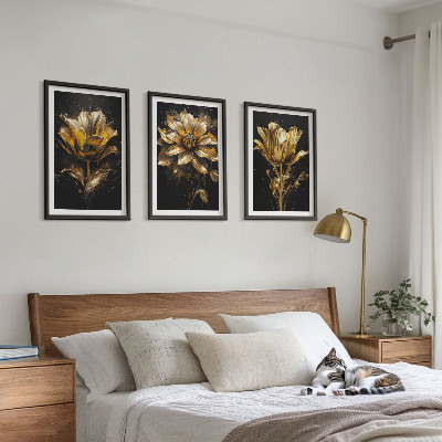 Lot de 3 tableaux pour salon Fleurs jaunes sur fond sombre
