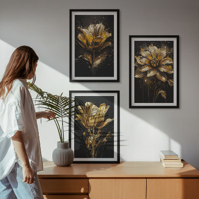 Lot de 3 tableaux pour salon Fleurs jaunes sur fond sombre