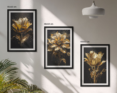 Lot de 3 tableaux pour salon Fleurs jaunes sur fond sombre