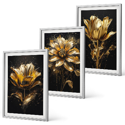Lot de 3 tableaux pour salon Fleurs jaunes sur fond sombre