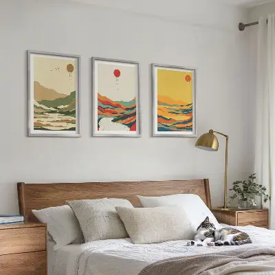 Lot de 3 tableaux pour salon motifs colorés de montagnes style japonisant