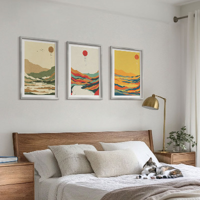 Lot de 3 tableaux pour salon Motifs colorés des montagnes de la rivière Japandi
