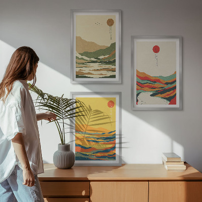 Lot de 3 tableaux pour salon Motifs colorés des montagnes de la rivière Japandi