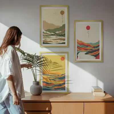 Lot de 3 tableaux pour salon motifs colorés de montagnes style japonisant