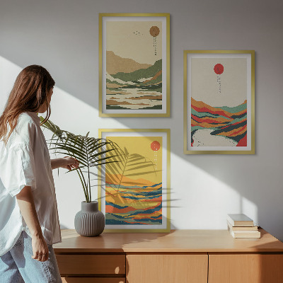 Lot de 3 tableaux pour salon Motifs colorés des montagnes de la rivière Japandi