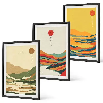 Lot de 3 tableaux pour salon motifs colorés de montagnes style japonisant