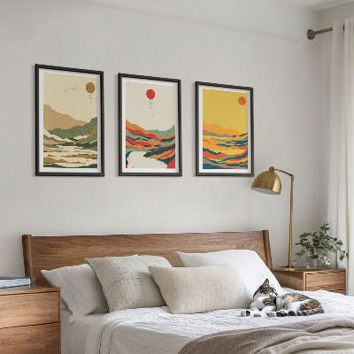 Lot de 3 tableaux pour salon Motifs colorés des montagnes de la rivière Japandi