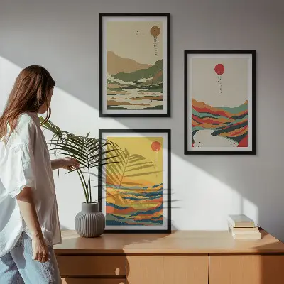 Lot de 3 tableaux pour salon motifs colorés de montagnes style japonisant