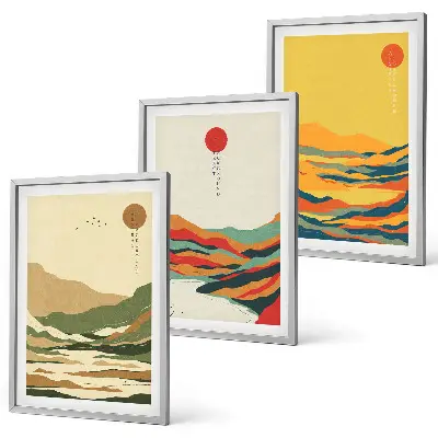 Lot de 3 tableaux pour salon motifs colorés de montagnes style japonisant