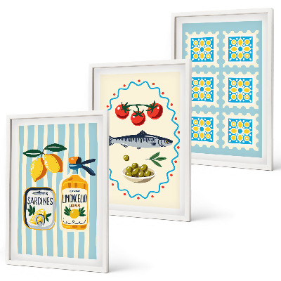 Lot de 3 tableaux pour salon Illustrations de cuisines de style méditerranéen