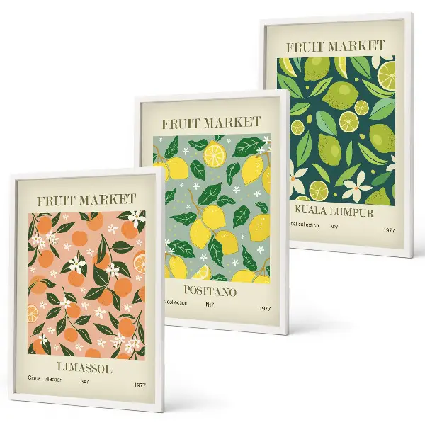 Lot de 3 tableaux pour salon avec motifs de fleurs d'agrumes fruitées