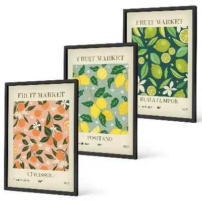 Lot de 3 tableaux pour salon avec motifs de fleurs d'agrumes fruitées