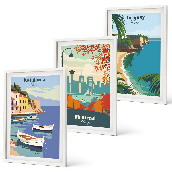 Lot de 3 tableaux pour salon Paysages urbains de Grèce, du Canada et d'Australie
