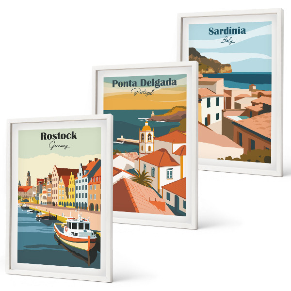 Lot de 3 tableaux pour salon Vues des villes côtières européennes