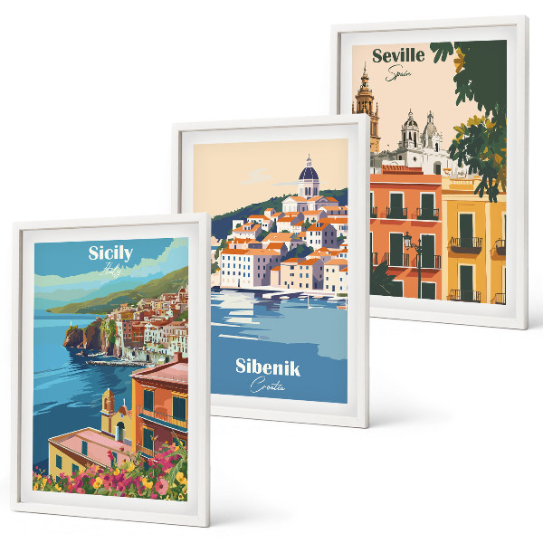 Lot de 3 tableaux pour salon Paysages urbains avec bâtiments