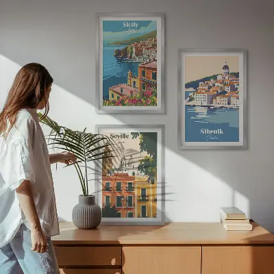 Lot de 3 tableaux pour salon représentant des paysages urbains avec bâtiments