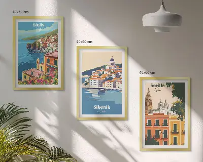 Lot de 3 tableaux pour salon représentant des paysages urbains avec bâtiments