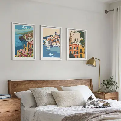 Lot de 3 tableaux pour salon représentant des paysages urbains avec bâtiments