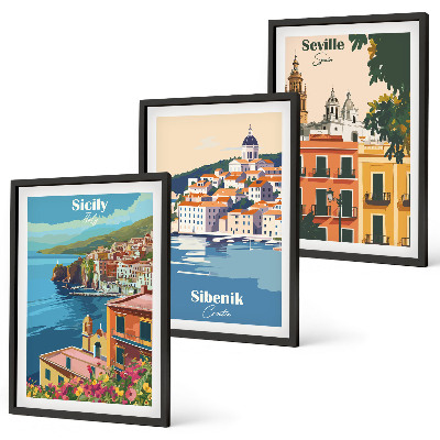 Lot de 3 tableaux pour salon Paysages urbains avec bâtiments