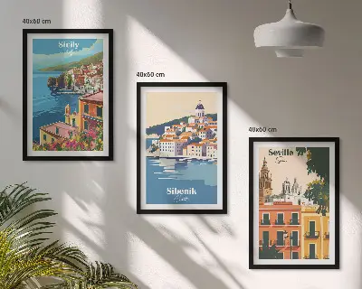 Lot de 3 tableaux pour salon représentant des paysages urbains avec bâtiments