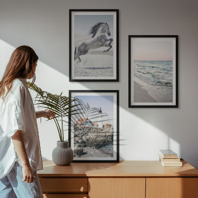 Cadre photo mural Chevaux plage phare vagues