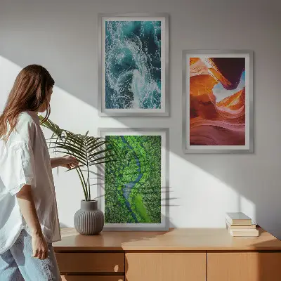 Lot de 3 tableaux pour salon représentant un mouvement de l'eau dans un canyon en forêt verte