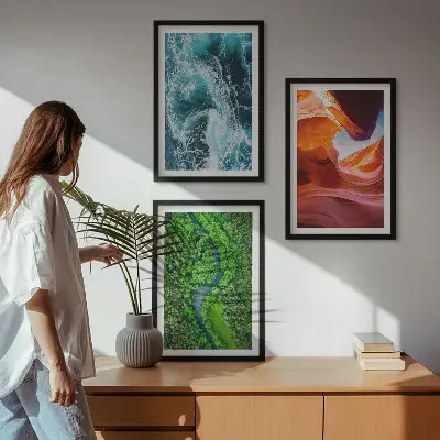 Lot de 3 tableaux pour salon représentant un mouvement de l'eau dans un canyon en forêt verte