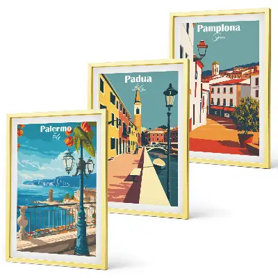Cadre photo mural avec illustrations rétro de villes