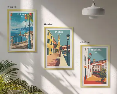 Cadre photo mural avec illustrations rétro de villes