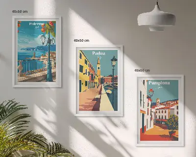Cadre photo mural avec illustrations rétro de villes
