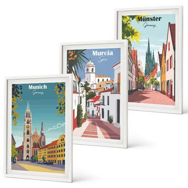 Lot de 3 tableaux pour salon villes européennes dessinées en couleur