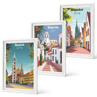 Lot de 3 tableaux pour salon villes européennes dessinées en couleur