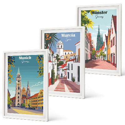 Lot de 3 tableaux pour salon Villes européennes en dessins en couleur
