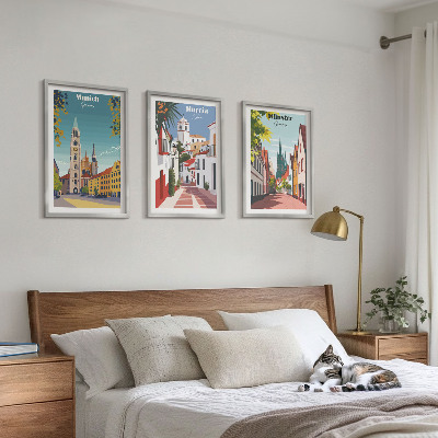 Lot de 3 tableaux pour salon Villes européennes en dessins en couleur
