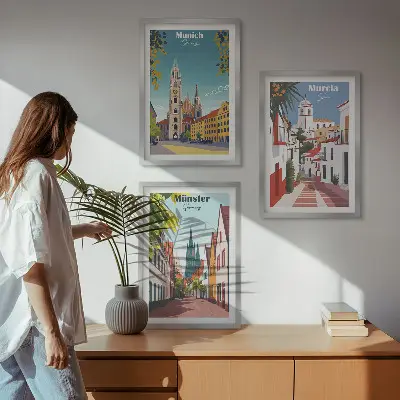 Lot de 3 tableaux pour salon villes européennes dessinées en couleur