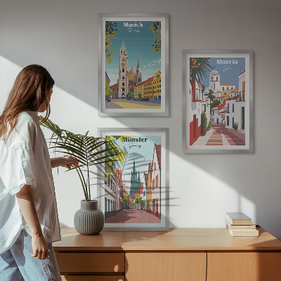 Lot de 3 tableaux pour salon Villes européennes en dessins en couleur