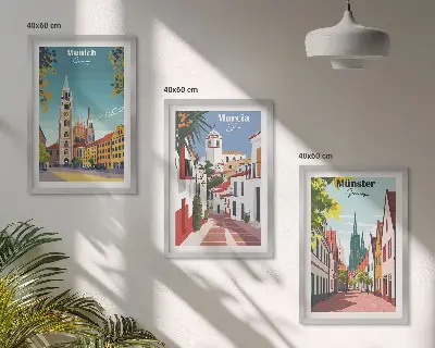 Lot de 3 tableaux pour salon villes européennes dessinées en couleur