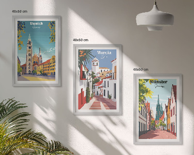Lot de 3 tableaux pour salon Villes européennes en dessins en couleur