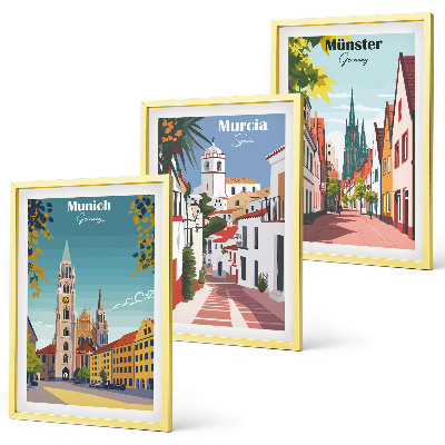 Lot de 3 tableaux pour salon Villes européennes en dessins en couleur