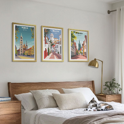 Lot de 3 tableaux pour salon Villes européennes en dessins en couleur