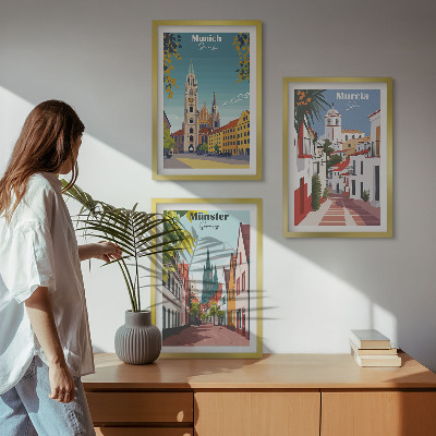 Lot de 3 tableaux pour salon Villes européennes en dessins en couleur