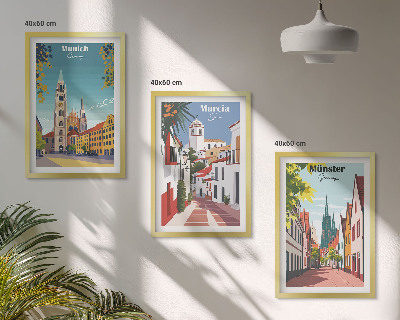Lot de 3 tableaux pour salon Villes européennes en dessins en couleur